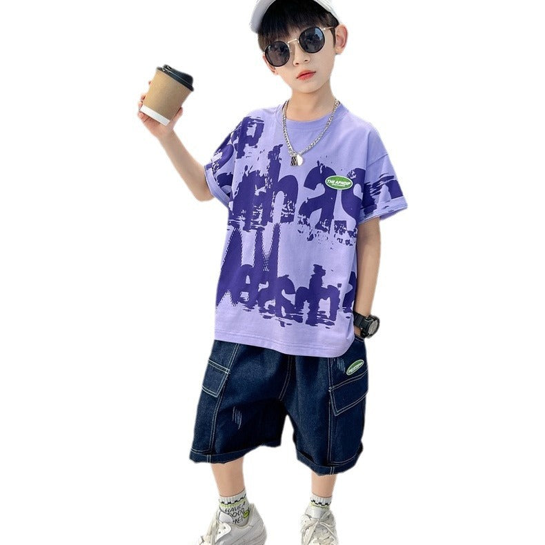 F24050704男童夏裝薄短袖牛仔套裝2024新款兒童夏季帥氣網紅炸街中大童潮