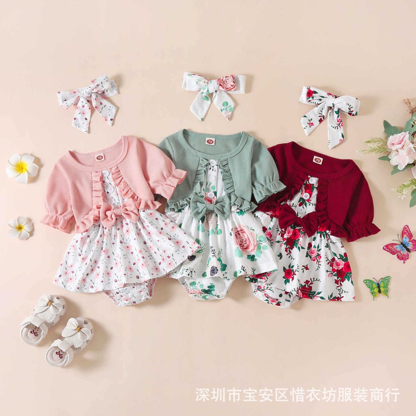 A25072308春夏新款嬰幼兒連身衣女童短袖假兩件蝴蝶結印花裙包屁哈衣