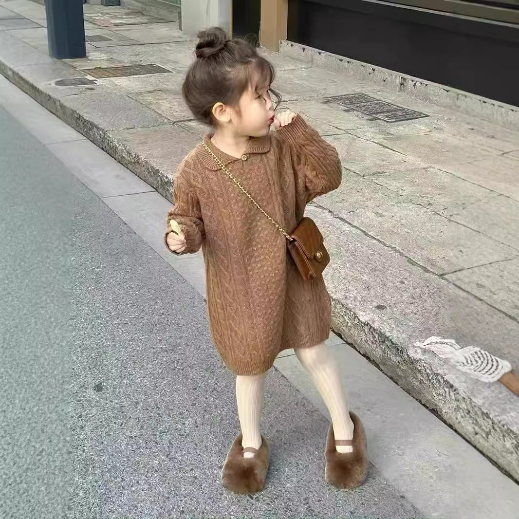 CF25091919韓系童裝秋冬新款兒童中長款寬鬆毛衣裙女童麻花針織