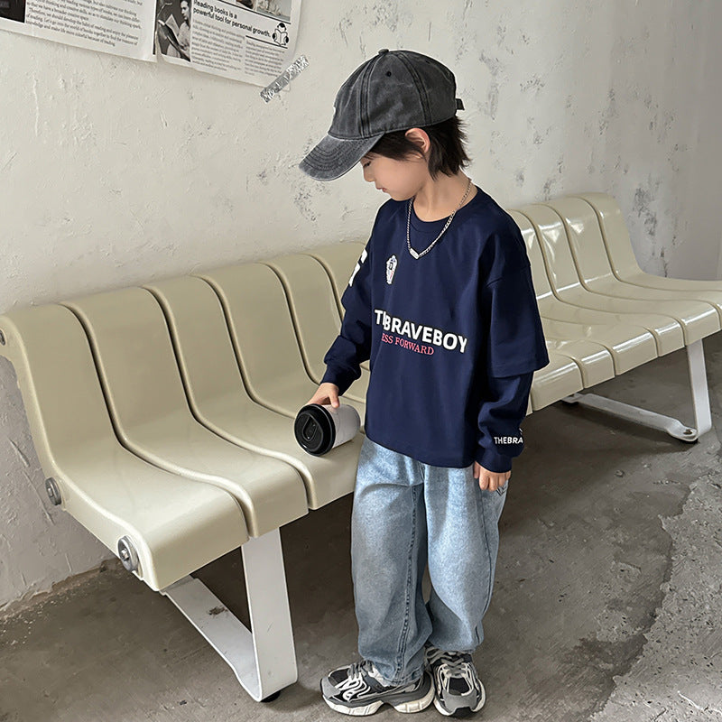 GJ25082719春秋新款男童純棉假兩件長袖T卹秋裝衣服中大童運動服