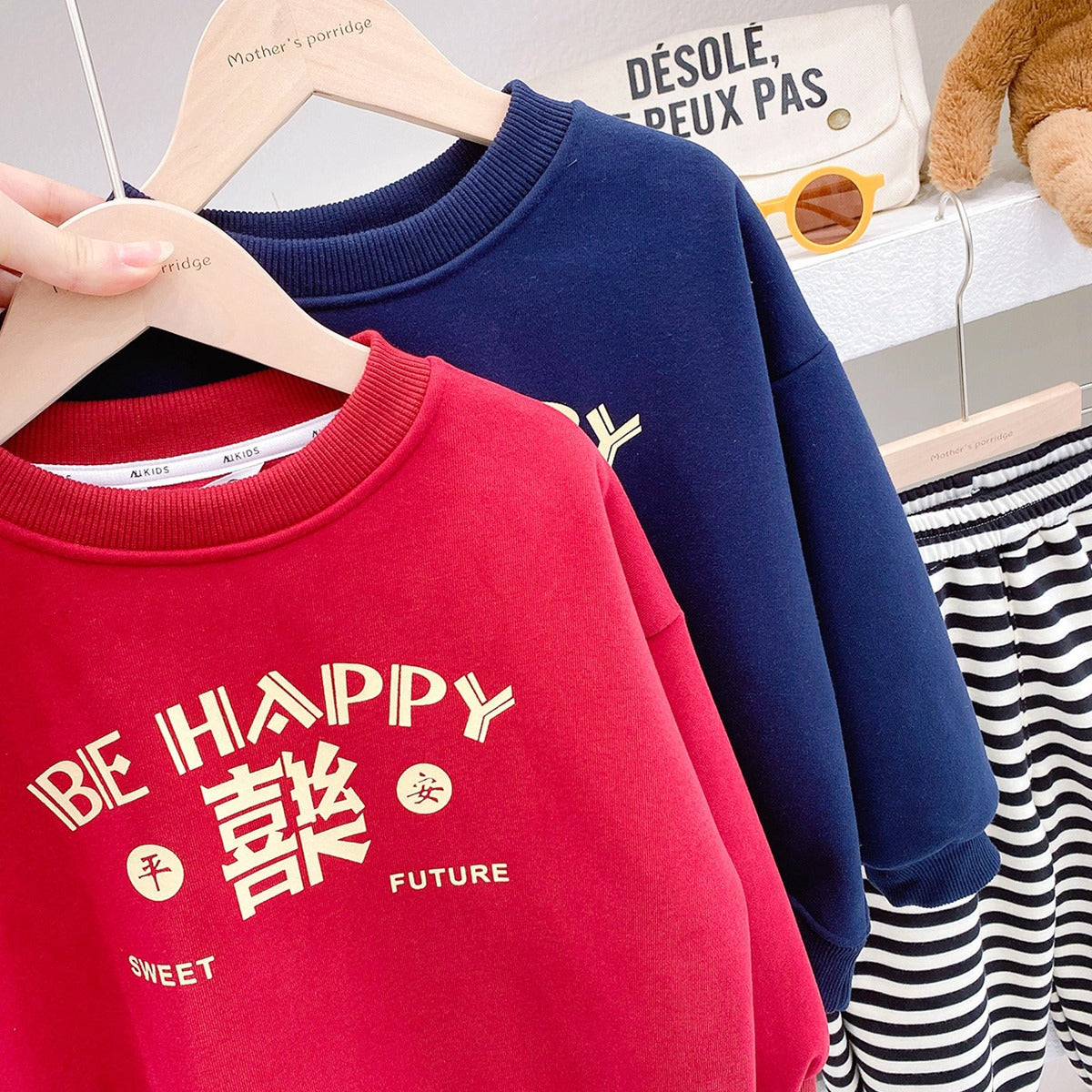 CA24121808兒童加絨衛衣童裝男童2023冬季新款男童紅色新年百搭套頭衫童裝