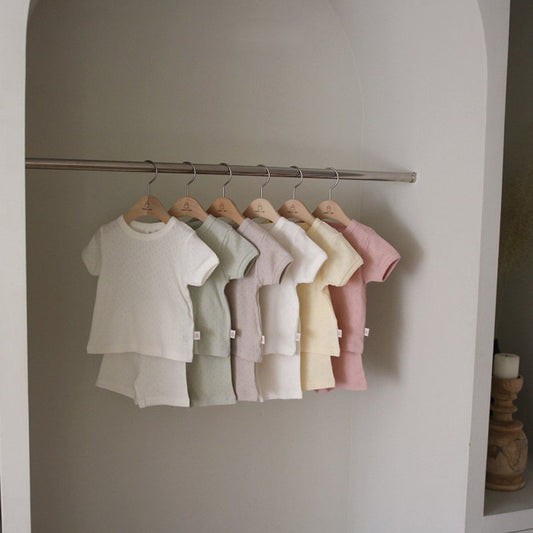 GB24031712韓版ins嬰幼兒裝薄棉柔軟短袖家居服套裝夏日寶寶鏤空清涼兩件套