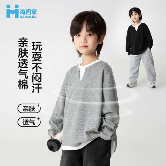 GJ25082720童裝2025春秋新款男童韓版潮範T卹假兩件衣服大童洋氣秋裝