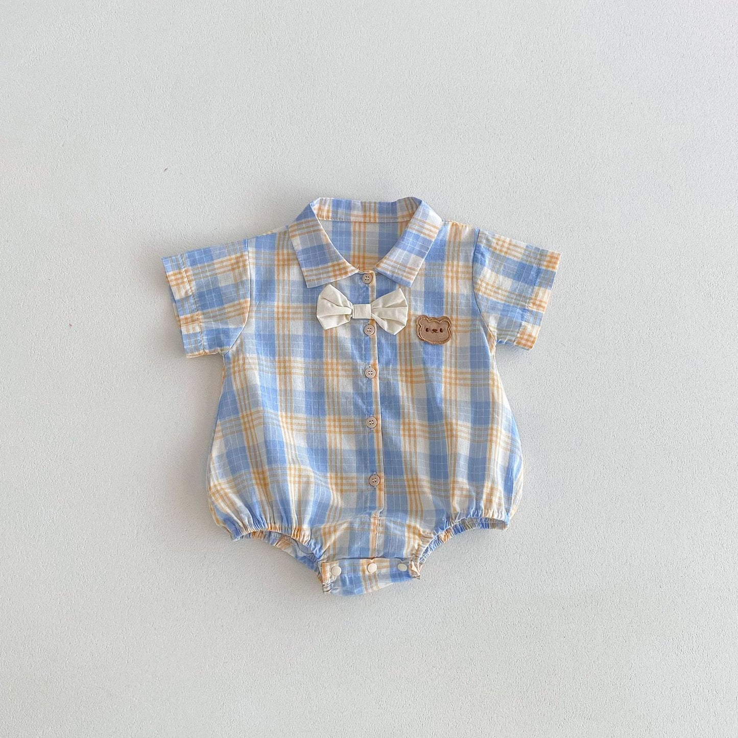 G25051406 ins夏季男女寶寶新款嬰兒連身衣寶寶短袖姐弟款小熊格子哈衣爬服