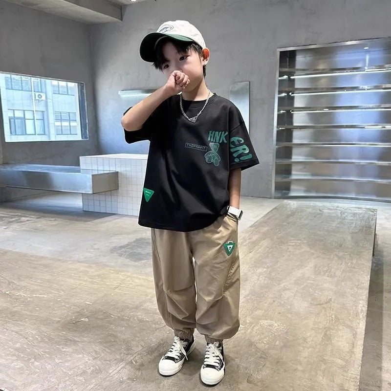 🎈精品童裝🎈FH25062716男童夏裝長褲套裝新款大兒童夏季短袖衣服潮帥氣時髦男孩夏款