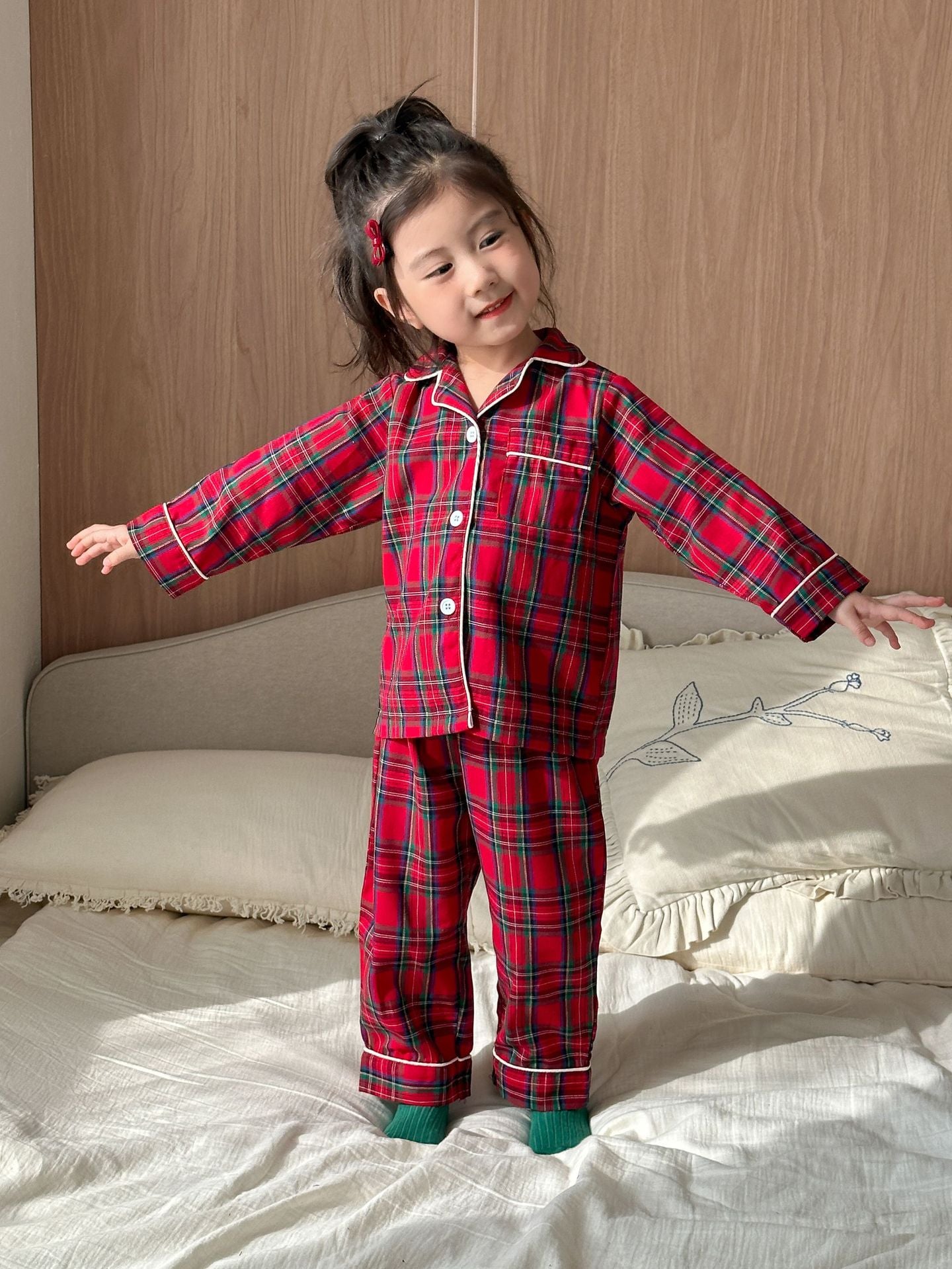 Z25020905兒童睡衣男童純棉a類格紋2025新春季秋季女童長袖套裝寶寶家居服