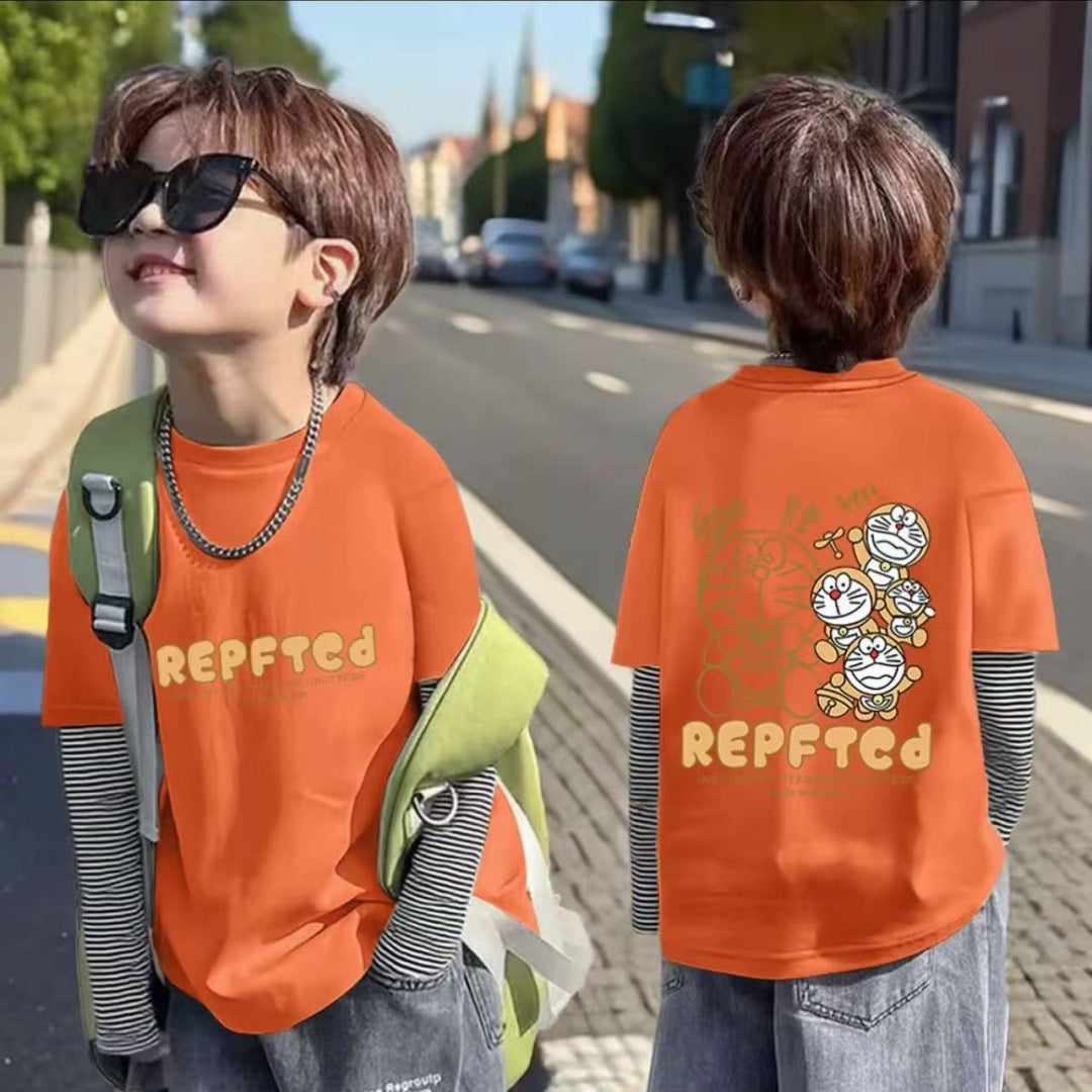 CE25091905男童春秋韓版裁切假兩件長袖T恤男孩休閒極簡風韓系純棉打底上衣T