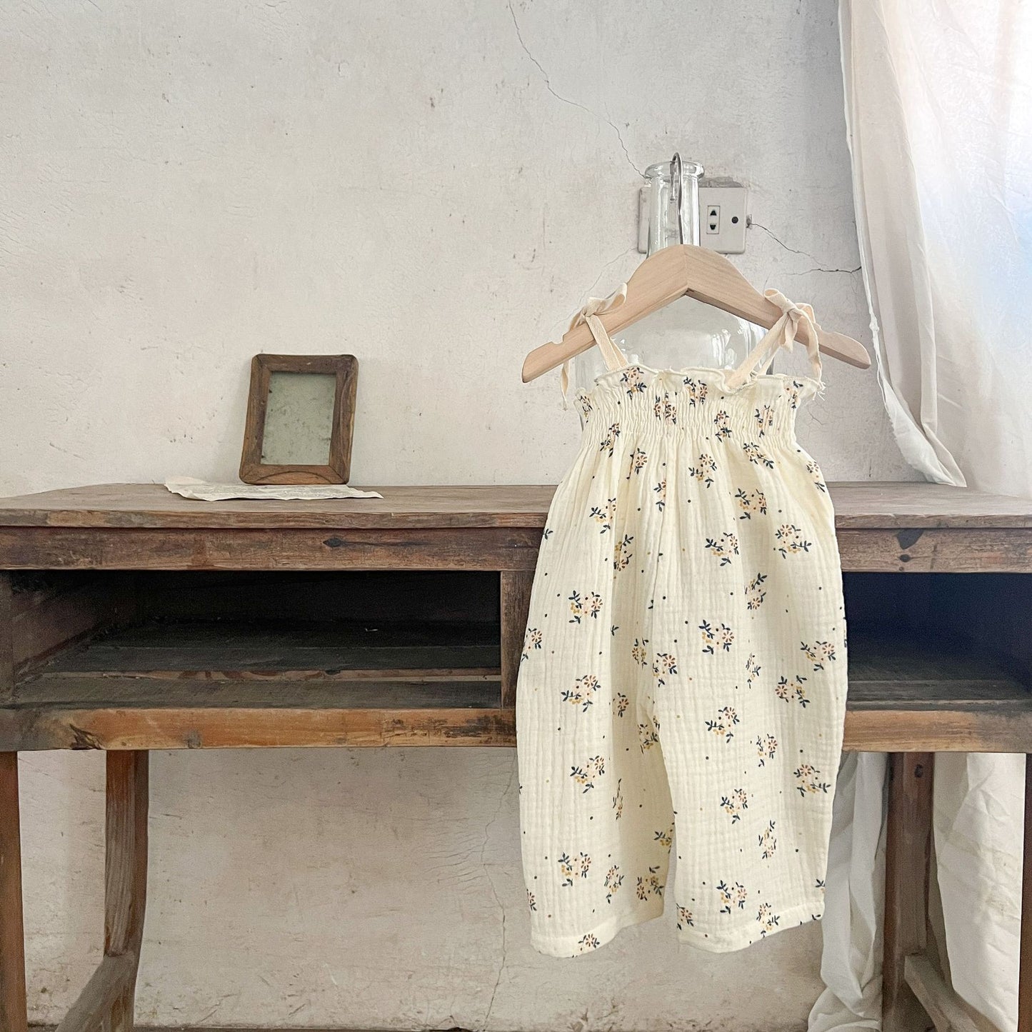 GF25061715韓國版女童夏款純棉碎花吊帶哈衣爬服ins短袖上衣+高腰荷葉邊短褲