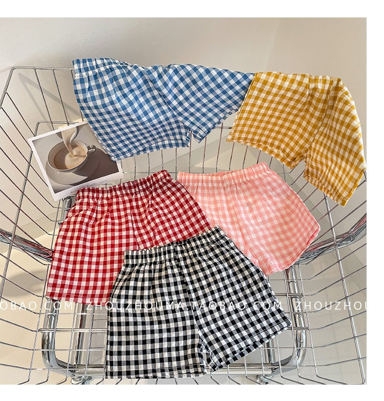 CA23072710夏季沙灘褲外穿百搭格子褲運動褲韓國休閒褲男女童格子短褲