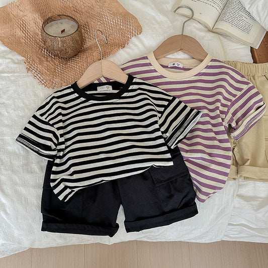 J24022912夏季男女寶寶薄款坑條棉T恤工人短褲兩件套兒童套裝歐美兄妹裝