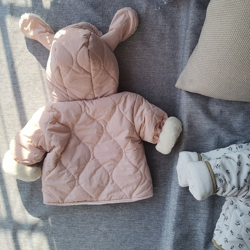 GB24011104韓版女寶寶加絨棉衣冬季加厚兔子耳朵連帽卡通保暖潮搭開襟衫棉服外套