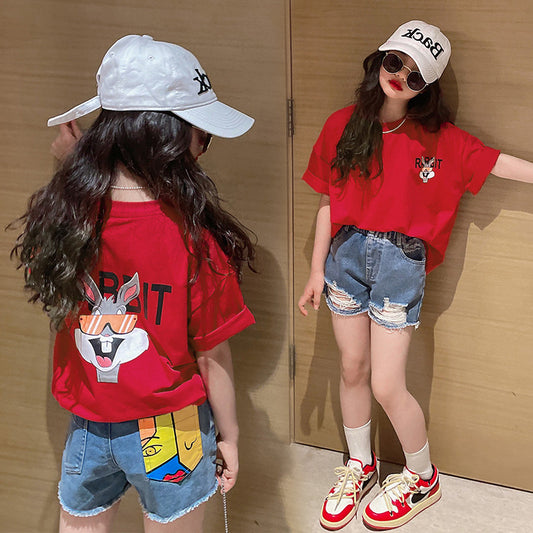 Z25030428女童短袖純棉洋氣兒童t恤女童夏季寬鬆前後印花半袖上衣童裝潮