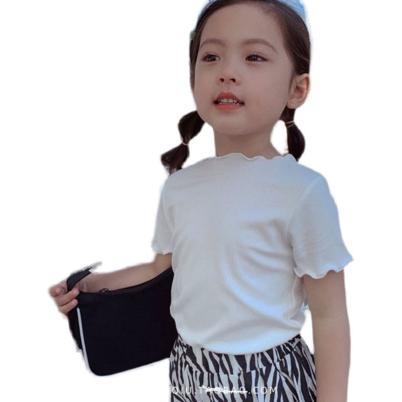 CA23072728新款女童木耳邊夏裝寶寶洋氣打底衫短袖冰絲圓領T恤兒童上衣