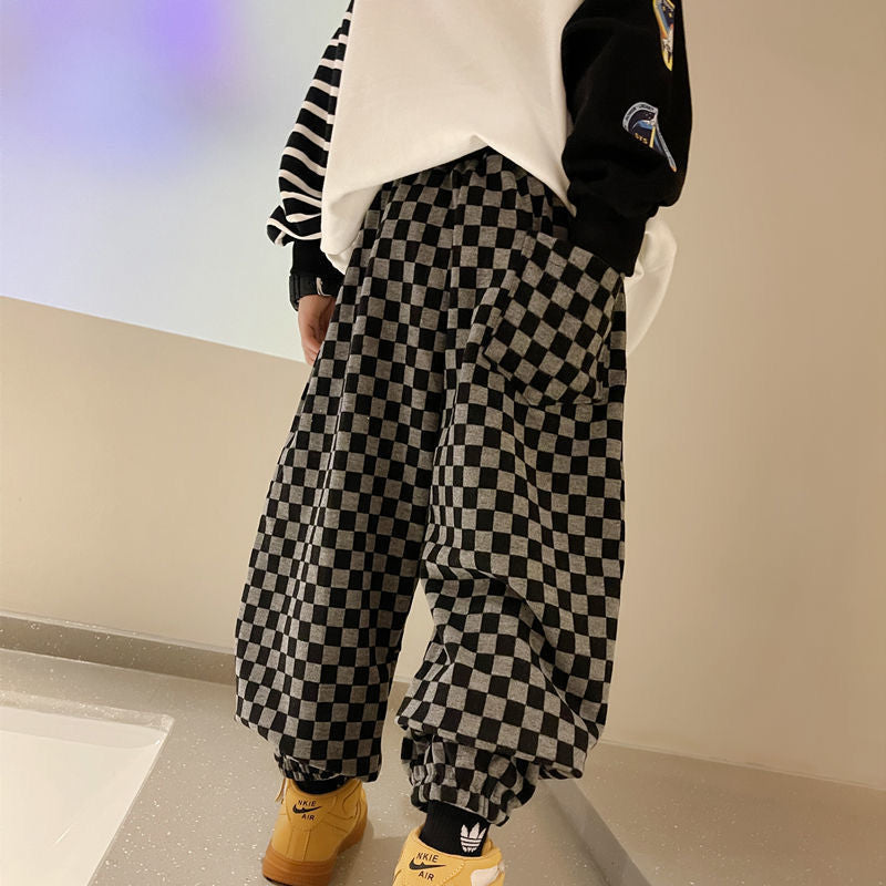FB23081726男童春秋季褲子2023新款韓版男孩簿款格子休閒長褲兒中大童束腳褲
