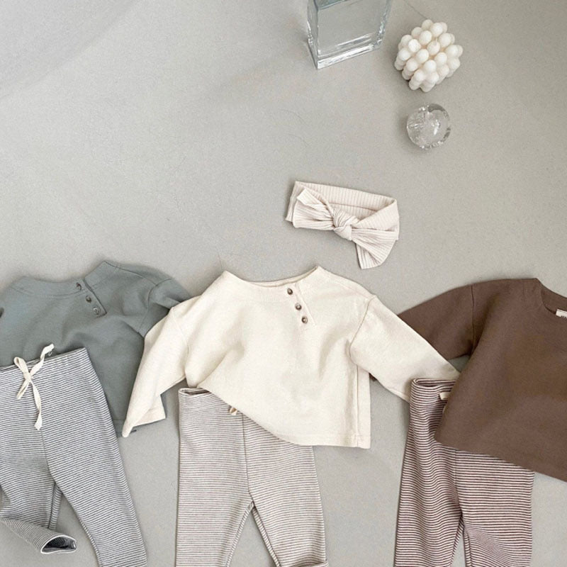 GB24011102韓版ins春秋新生嬰兒簡約棉休閒長袖T卹嬰幼童寶寶春款開扣打底衫