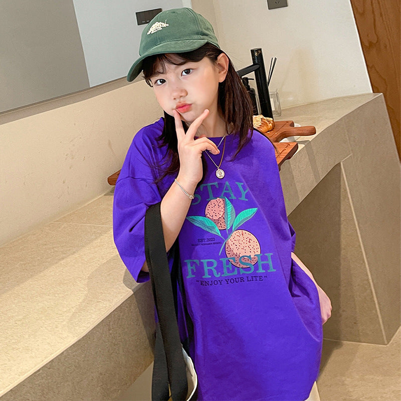 Z25030432女童短袖T恤夏裝新款中大童純棉寬鬆圓領兒童休閒夏季童裝上衣潮