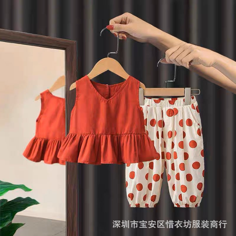 A25072309女童套裝夏季新款小童夏天衣服女寶寶背心防蚊褲兩件套潮