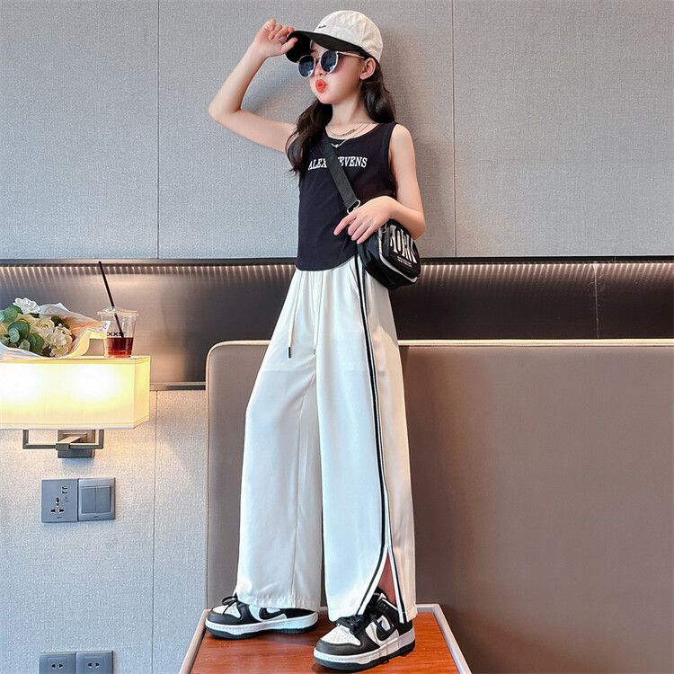 F24050712女童夏裝套裝2024時尚兒童時尚無袖背心寬鬆褲子女大童夏季兩件套