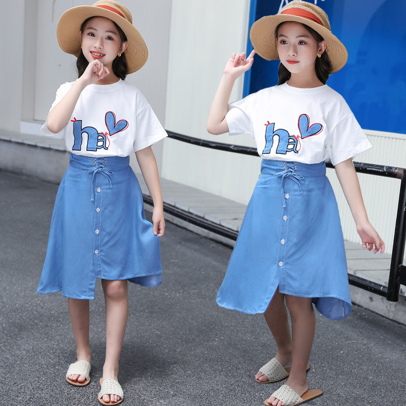 F23040115中大童-韓版時尚半身裙二件式休閒套裝-夏季