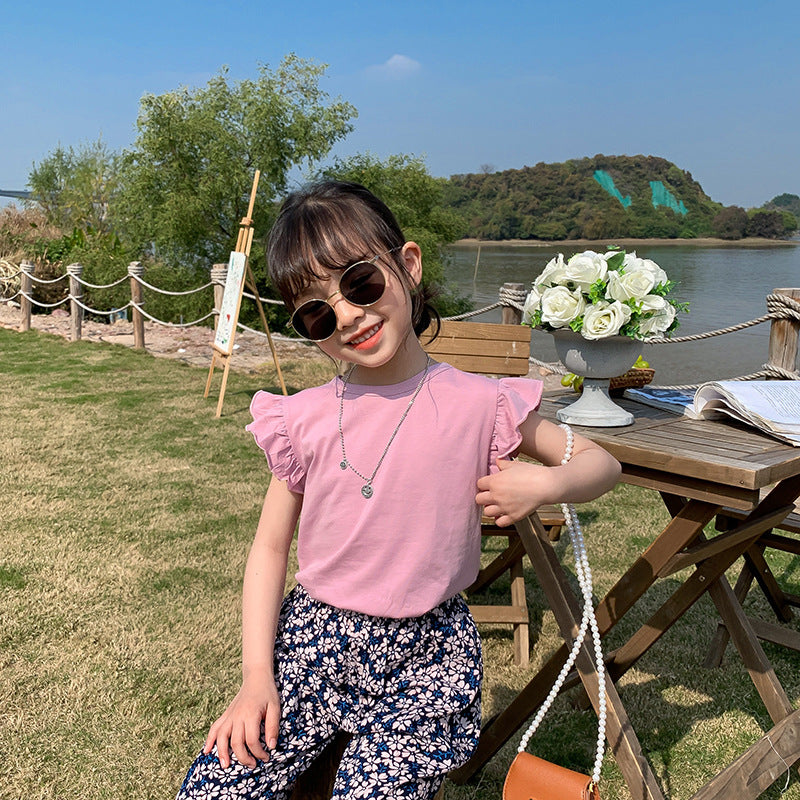 J23060808韓國童裝兒童T恤2023夏季新款女寶寶純色甜美上衣飛飛袖女童短袖T