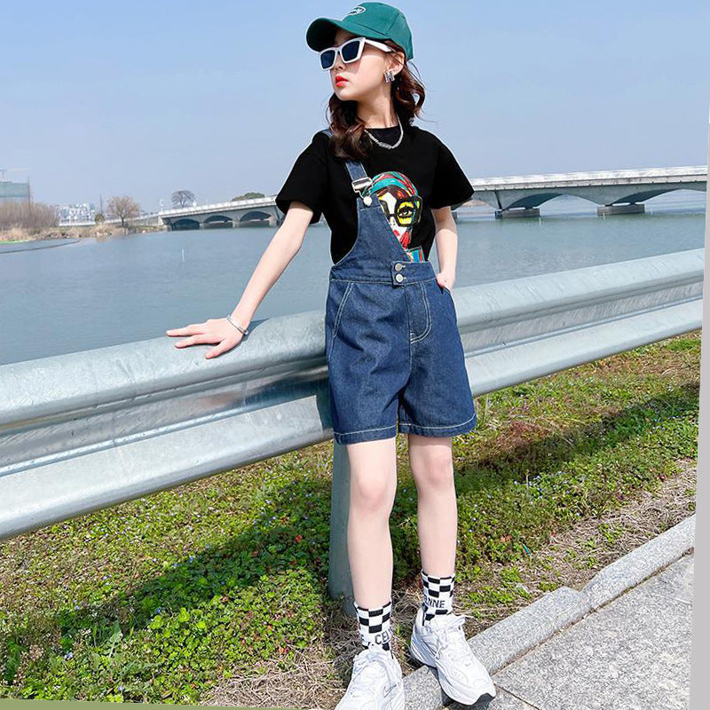 F23040106中大童-韓版牛仔背帶二件式休閒套裝-夏季