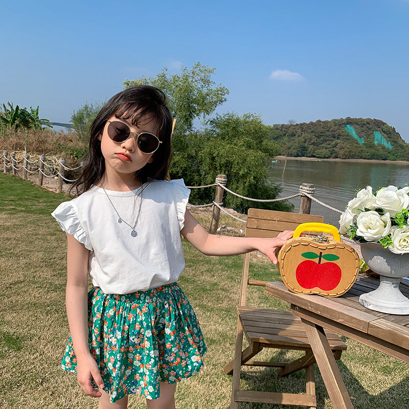 J23060808韓國童裝兒童T恤2023夏季新款女寶寶純色甜美上衣飛飛袖女童短袖T