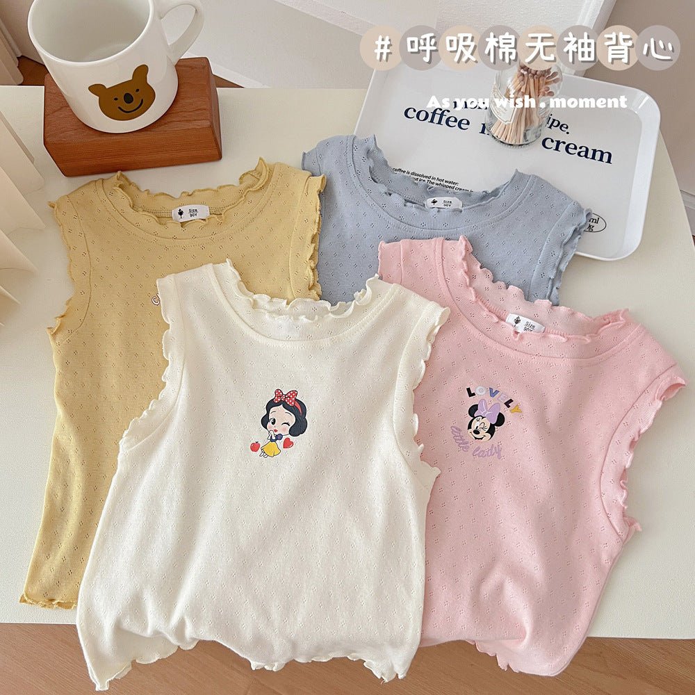 J23060816夏裝新款女童呼吸棉透氣背心寶寶卡通吊帶上衣花邊無袖寬鬆T