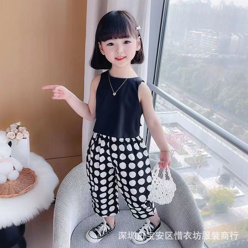 A23030913女童無袖露背圓點兩件套裝