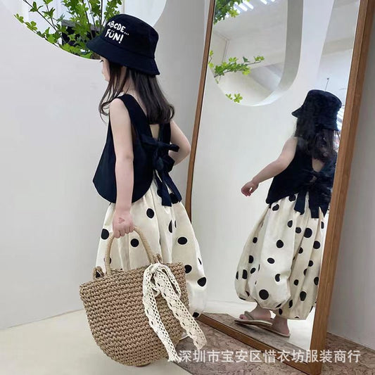 A23030905夏裝女童無袖背心套裝黑色馬甲薄款闊腿褲兩件套