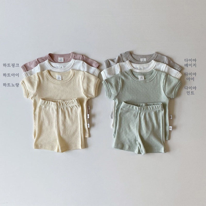 GB23080341 韓版ins嬰幼童裝薄棉柔軟短袖家居服套裝夏季寶寶鏤空清涼兩件套