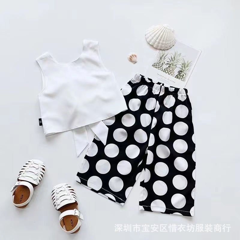 A23030913女童無袖露背圓點兩件套裝