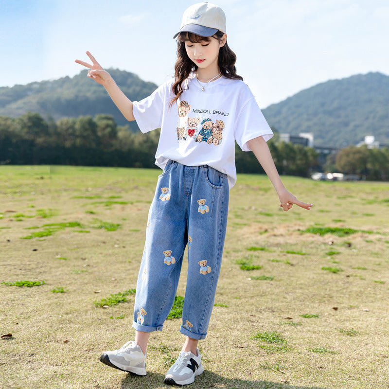 F23040105中大童-韓版網紅牛仔褲二件式休閒套裝-夏季
