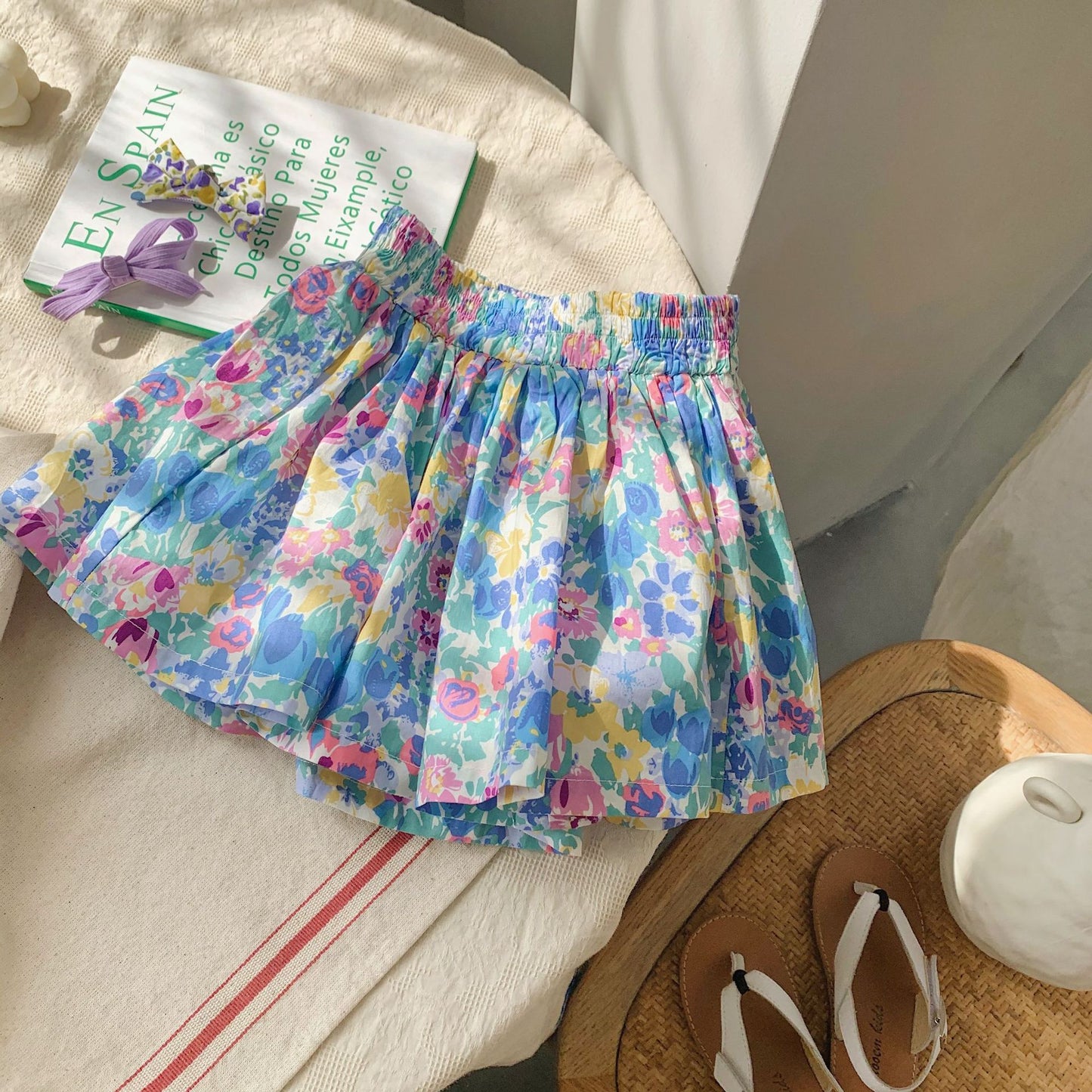 J23060817韓國兒童碎花短褲2023夏款寶寶洋氣花苞裙褲時髦百搭女童闊腿熱褲