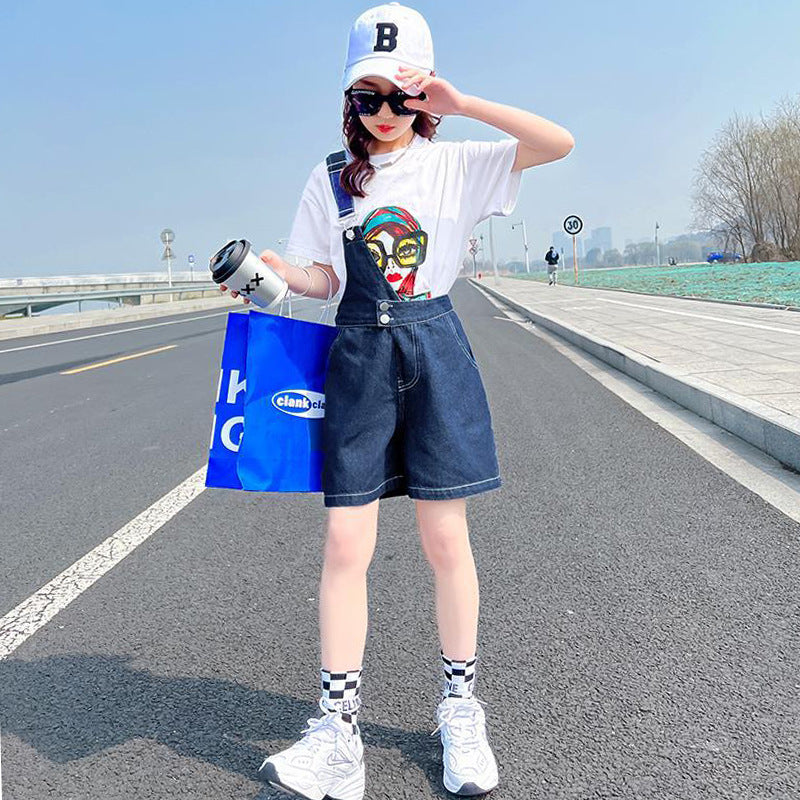 F23040106中大童-韓版牛仔背帶二件式休閒套裝-夏季