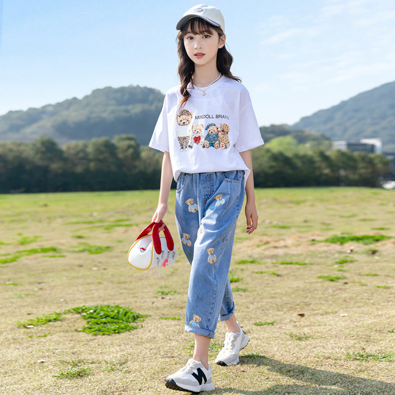 F23040105中大童-韓版網紅牛仔褲二件式休閒套裝-夏季