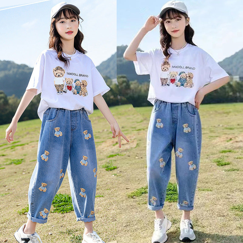 F23040105中大童-韓版網紅牛仔褲二件式休閒套裝-夏季