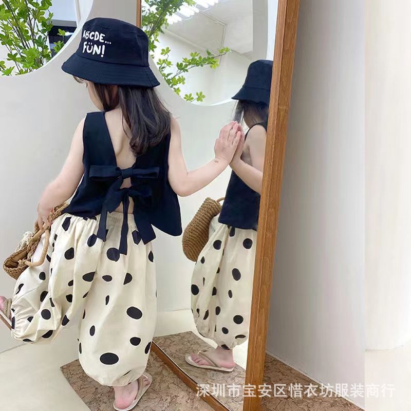 A23030905夏裝女童無袖背心套裝黑色馬甲薄款闊腿褲兩件套