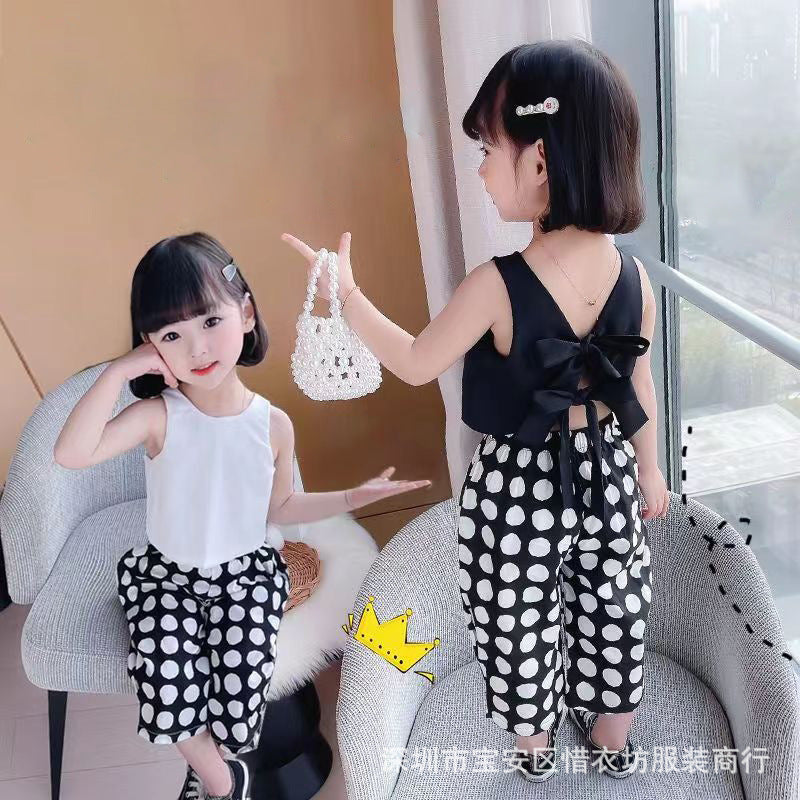 A23030913女童無袖露背圓點兩件套裝