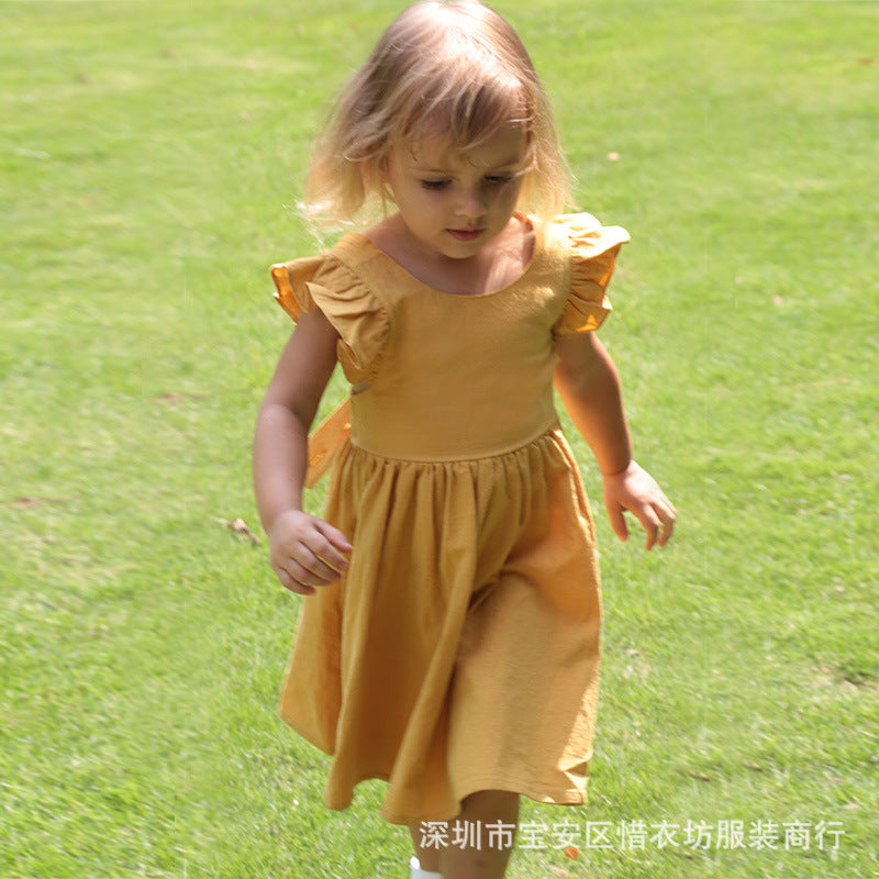A23030917歐美棉麻純色-裙露背蝴蝶結背心裙