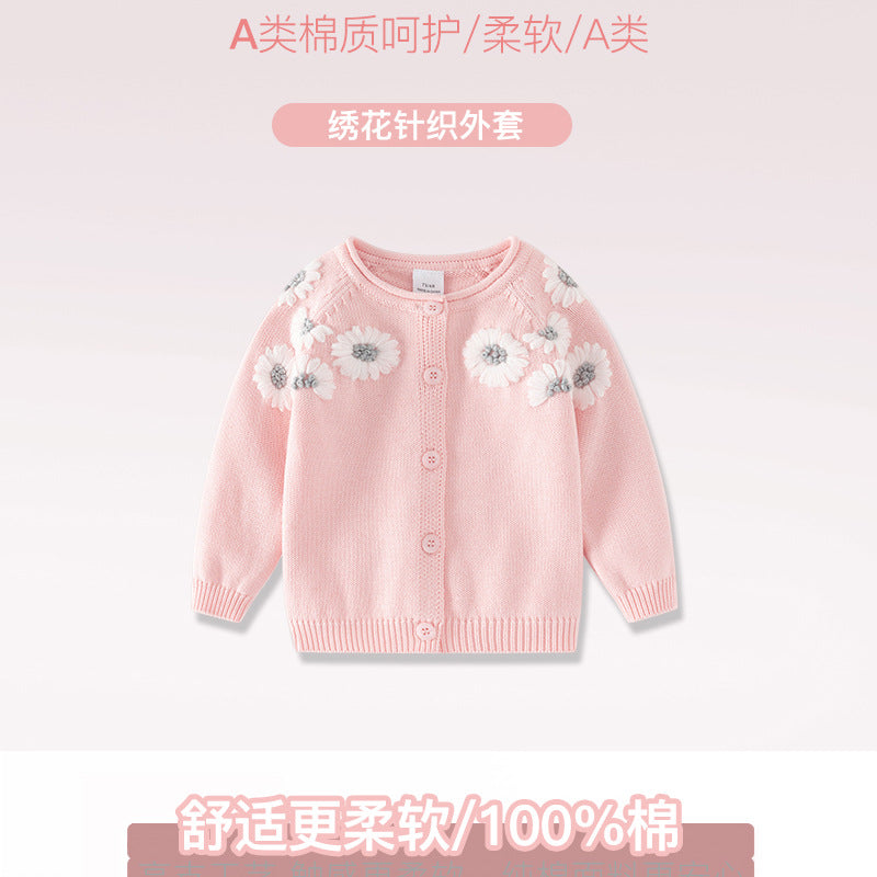 GC23101217秋冬兒童毛線衣新款手工刺繡針織開襟衫女寶寶保暖外套棉線嬰兒毛衣