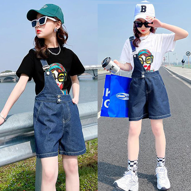 F23040106中大童-韓版牛仔背帶二件式休閒套裝-夏季