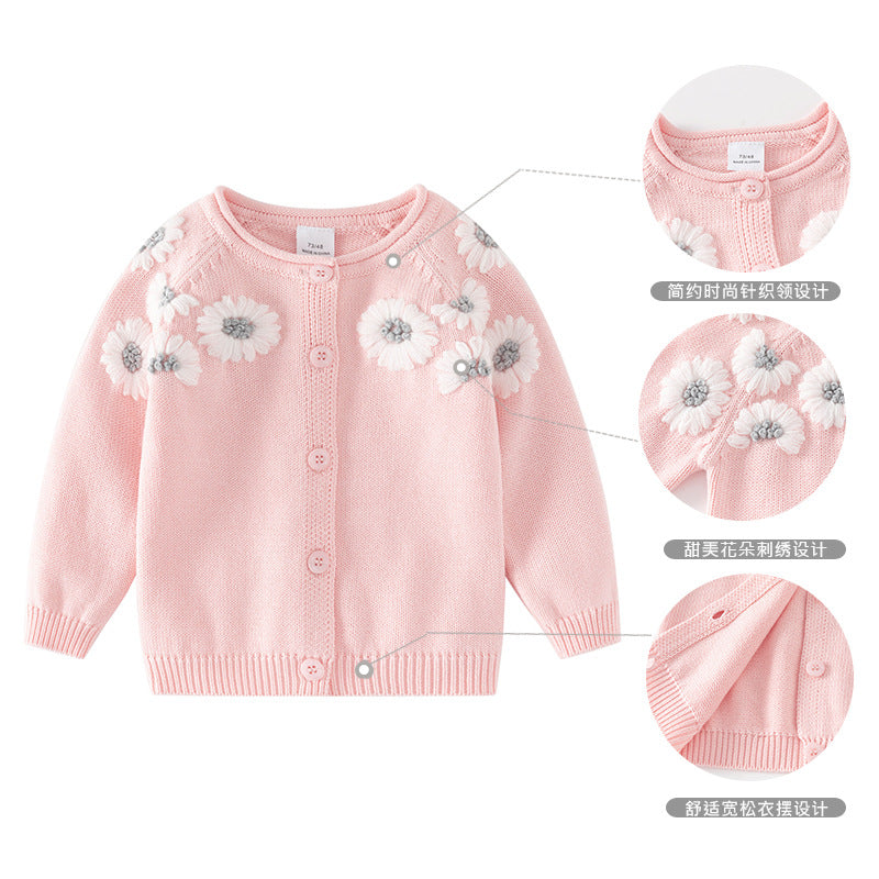 GC23101217秋冬兒童毛線衣新款手工刺繡針織開襟衫女寶寶保暖外套棉線嬰兒毛衣