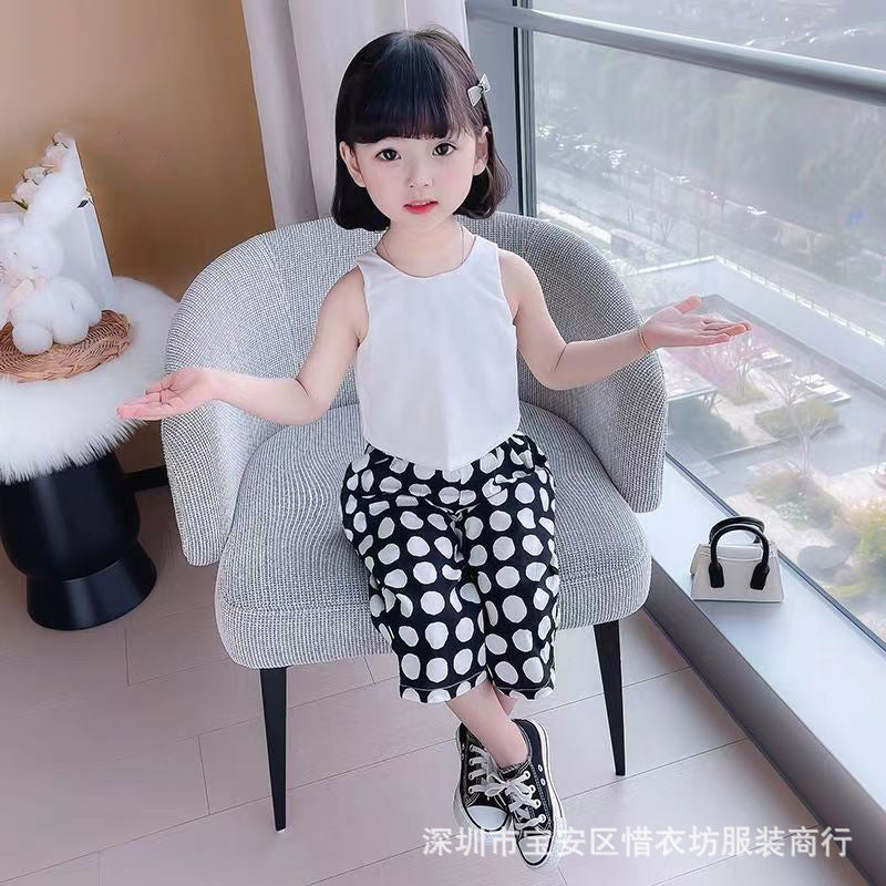 A23030913女童無袖露背圓點兩件套裝