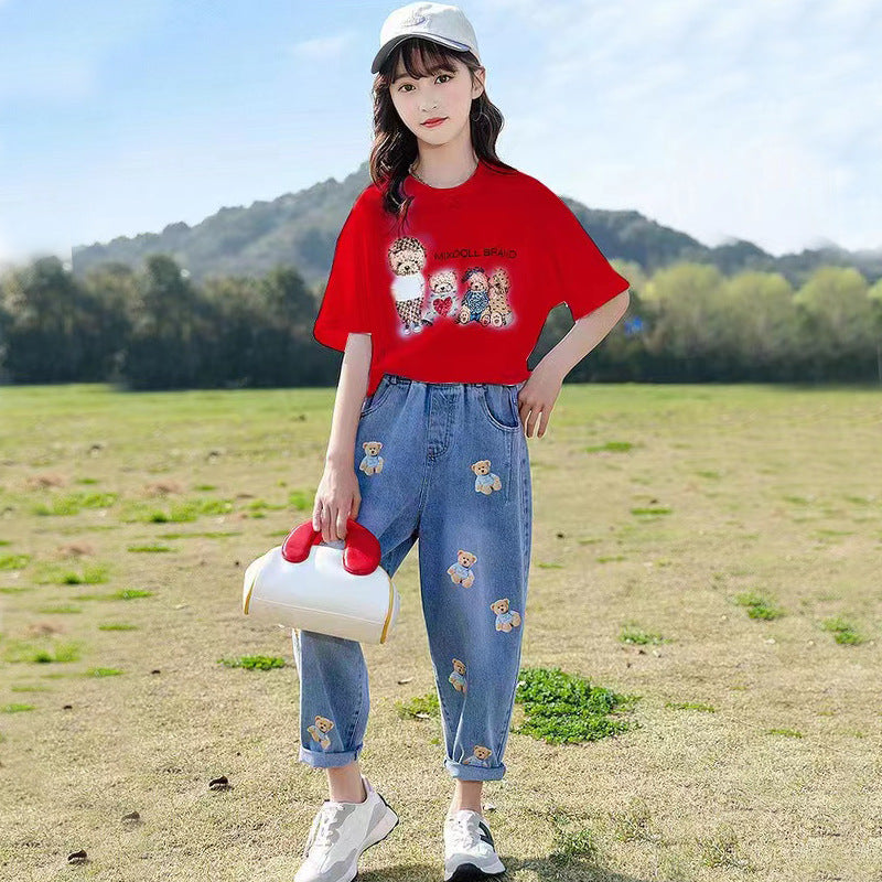 F23040105中大童-韓版網紅牛仔褲二件式休閒套裝-夏季
