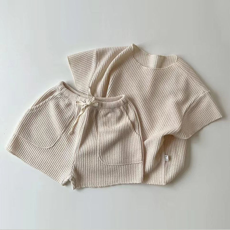 GB23080339韓版嬰幼童裝時尚休閒短袖家居服套裝寶寶寬鬆針織運動套兩件套