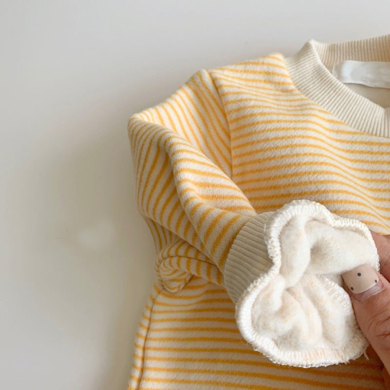 GB25111307ins韓版嬰幼兒條紋加絨連身衣男寶寶時尚簡約休閒加厚爬衣冬裝