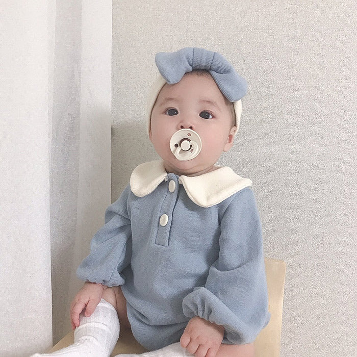 Z231121022023春秋韓國嬰兒公主爬服寶寶甜美娃娃領包屁連體哈衣送髮帶(9-15天到貨)