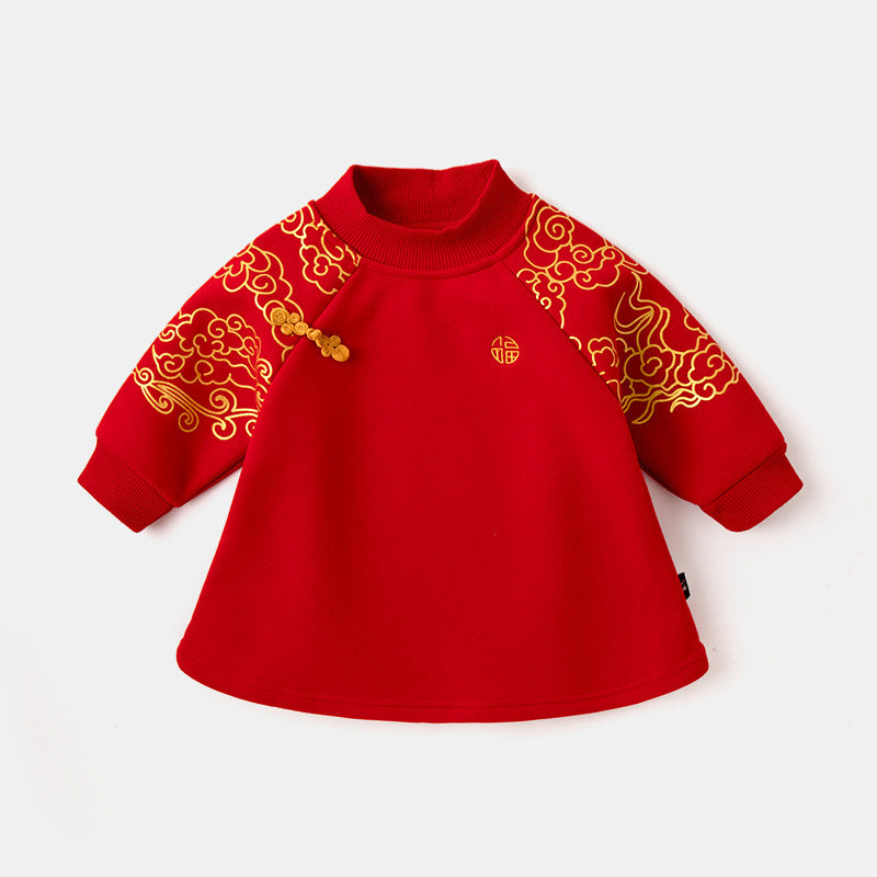 Z26010263寶寶冬季衣服週歲寶寶冬季過年式衛衣女寶寶冬洋裝紅色拜年服