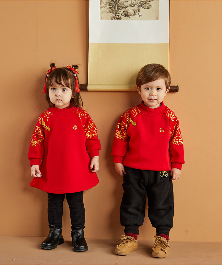 Z26010263寶寶冬季衣服週歲寶寶冬季過年式衛衣女寶寶冬洋裝紅色拜年服