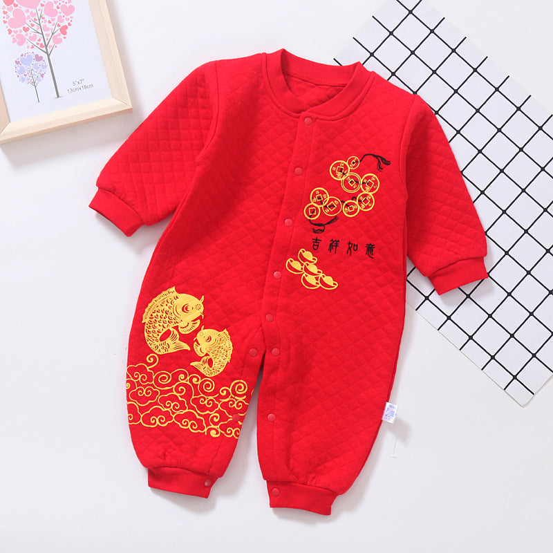 Z23121412新生兒連身寶寶哈衣初生爬服中國風拜年服秋冬季厚款夾棉嬰兒衣服(9-12天到貨)